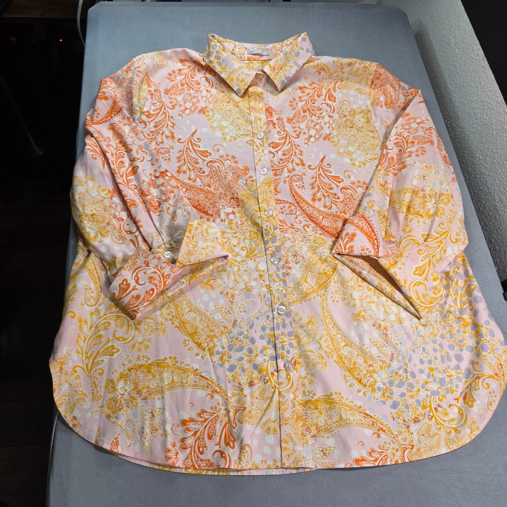 Chicos No-Iron Chic Stretch Paisley Button Down Shirt Pink Orange Yellow SZ 3/XL